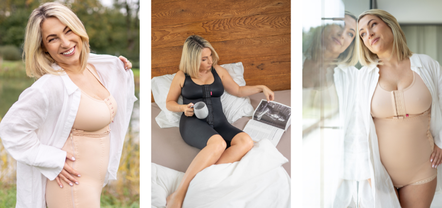 Kate ist drei Mal abgebildet und trägt das VH unique Variant Mieder und den PI plus BH  von LIPOELASTIC in beige auf den Abbildungen links und rechts. In der Mitte sitzt Kate auf dem Bett mit einer Tasse und einem Katalog in der Hand und trägt das VF body Variant Mieder und den PI plus BH in schwarz.