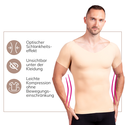 Mann trägt hautfarbenes LIPOELASTIC Shapewear Shirt Herren – figurformendes Unterhemd mit leichter Kompression für Bauch, Taille und Brust, unsichtbar unter Kleidung.