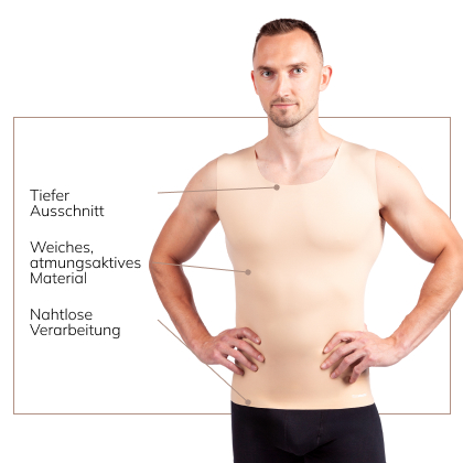 Mann trägt hautfarbenes LIPOELASTIC Shapewear Unterhemd – atmungsaktives Herren Shaping Unterhemd mit tiefem Ausschnitt für unsichtbaren Look unter Kleidung