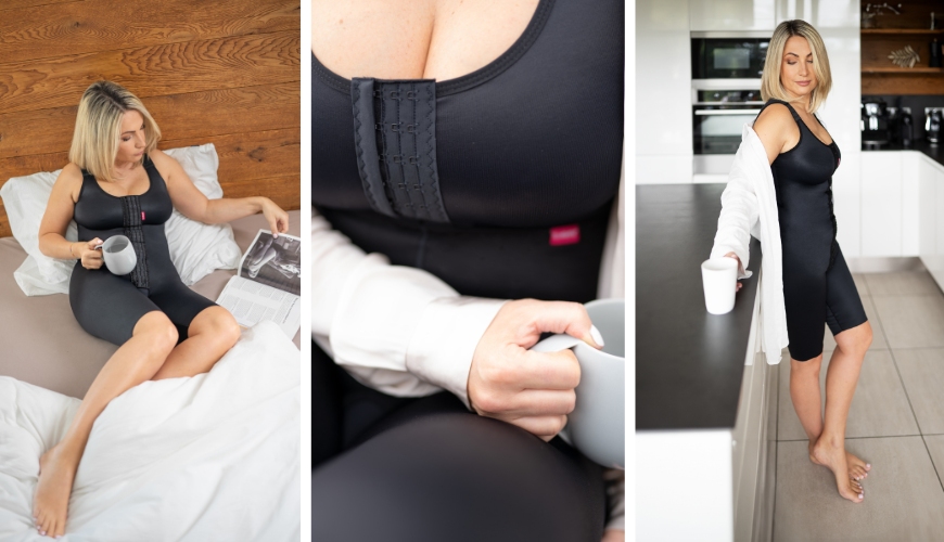 Es wird eine Abfolge von 3 Bildern mit einer Frau in LIPOELASTIC Kompressionsmieder abgebildet. Am ersten Foto sitzt sie im Bett mit einer Tasse und einem Katalog und trägt MGF Variant in schwarz. Im zweiten Bild sieht man ein Close-Up von dem Haken- und Ösen Verschluss im Brustbereich. Am dritten Bild sieht man die Frau stehend mit einer Tasse in der Küche.