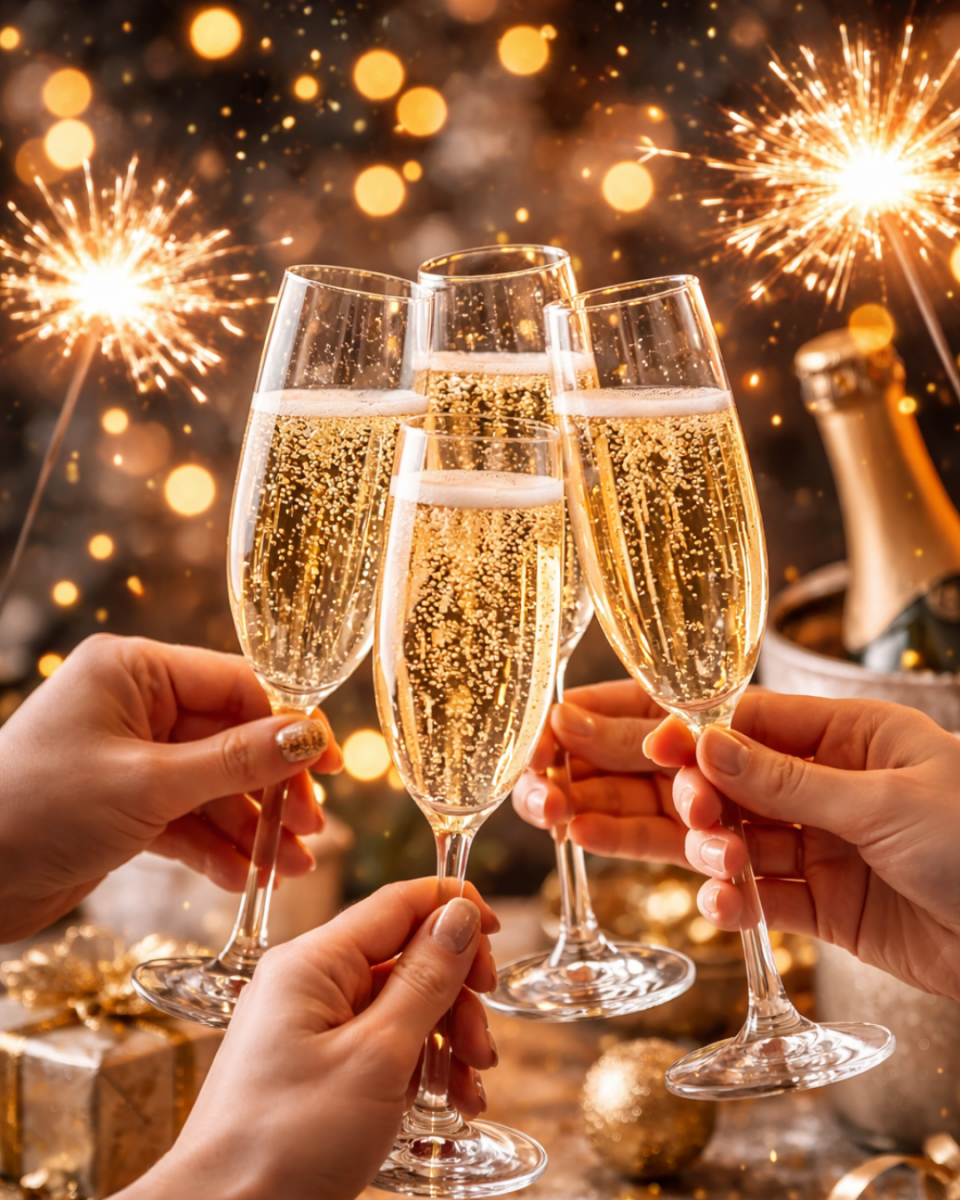 4 Personen, die zur Silvester Nacht mit Sekt anstoßen